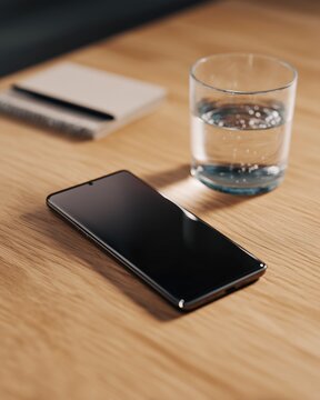 Modern smartphone, water glass, and notepad with pen on natural wood desk, suggesting work, study, or daily routine