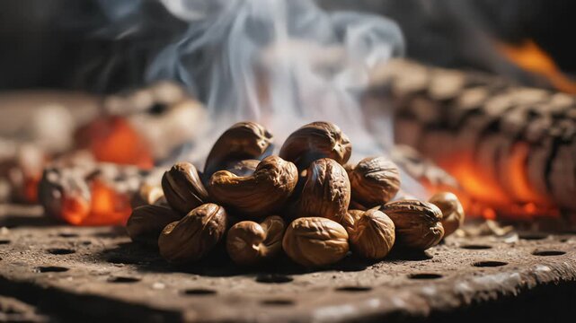 Close up of walnuts and mixed nuts roasting on a metal grate over an open fire with thick white smoke and glowing embers
