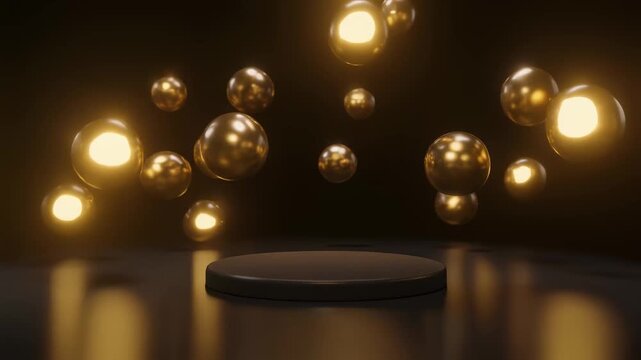 Floating luminous spheres above a reflective circular platform in dark space