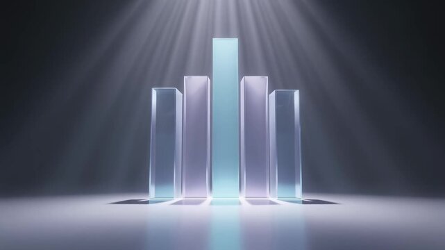Ascending light beams illuminating a futuristic bar chart structure