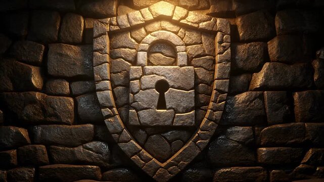 Ancient stone wall with illuminated shield and mysterious keyhole