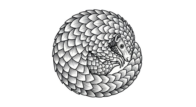 Pangolin curled into a ball, detailed sketch, white background, endangered animal illustration