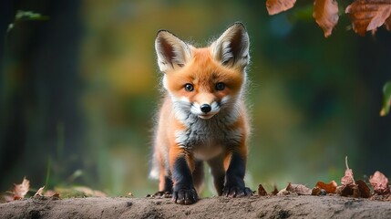 Fototapeta premium Charming Baby Red Fox Cub Exploring the Lush Green Woods, Cute and Fluffy Wildlife Portraiture