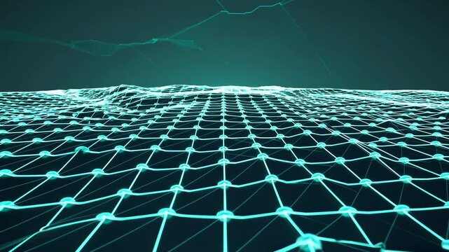 Digital landscape with interconnected blue grid lines forming a three-dimensional surface, showcasing a continuous flow of geometric patterns and depth perception in a dark background