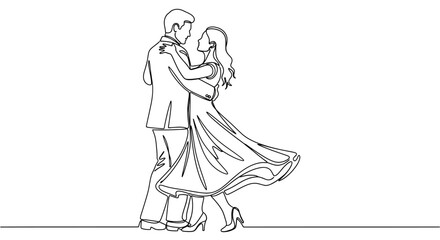 Obraz premium Elegant couple dancing in continuous line art illustration design