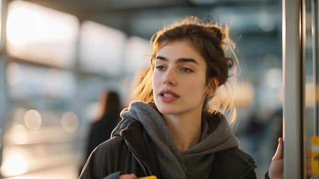 Young woman frozen at grocery store entrance, hand on door handle, other shoppers entering freely, deep breathing visible, spring sunshine outside, perfect for anxiety disorder, daily challenge,