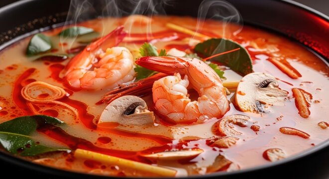 Steaming Hot Tom Yum Goong Soup with Fresh Shrimp, Mushrooms, and Thai Herbs in a Black Bowl