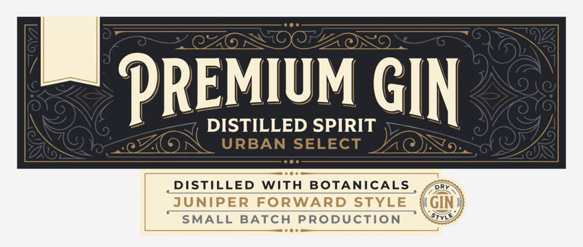 Premium gin label design featuring urban select and juniper forward style with botanical details
