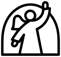 Naklejka premium Minimalist line art icon depicting an angelic figure with one arm raised triumphantly symbolizing hope resurrection and divine presence set against a simple arched background