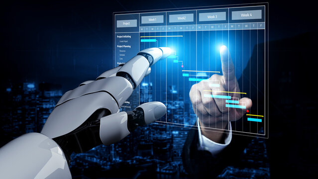 A robotic hand interacts with a digital interface showing a project management timeline in a modern business environment, symbolizing innovation and automation. Tessel