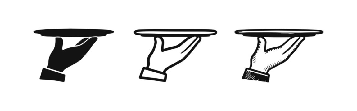 Hand holding tray icon set. Service, waiter, or serving symbol in various styles.