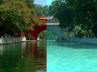 Comparing color temperature white balance filter tropical garden canal