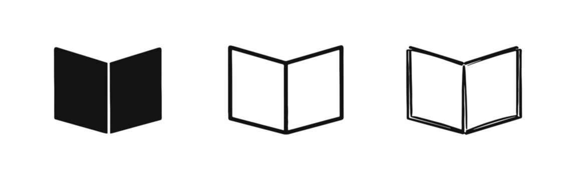 Open book or menu icon set. Reading and information symbol in various styles.