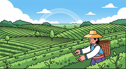 Fototapeta premium Man in hat harvesting tea leaves in lush green tea plantation field with rainbow under blue sky