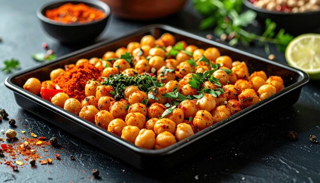 Roasted Chickpeas with Spices and Herbs in a Square Pan.