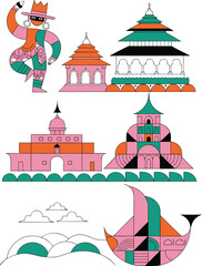 Fototapeta premium Geometric Cultural Illustration – Temples and Traditional Motifs