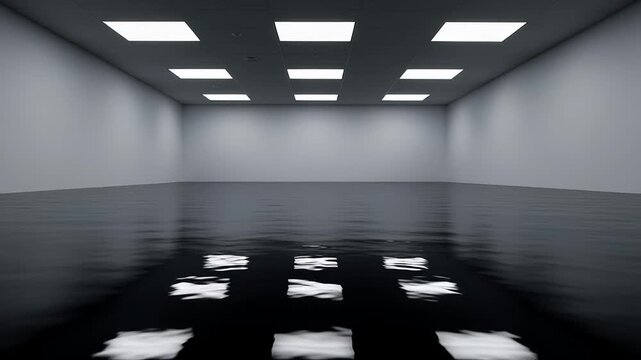 Empty illuminated room with ceiling lights reflecting on glossy flooded floor