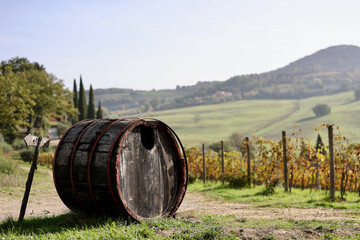 Obraz premium Autumn Vineyard with Rustic Barrel near Montepulciano, Tuscany, Italy