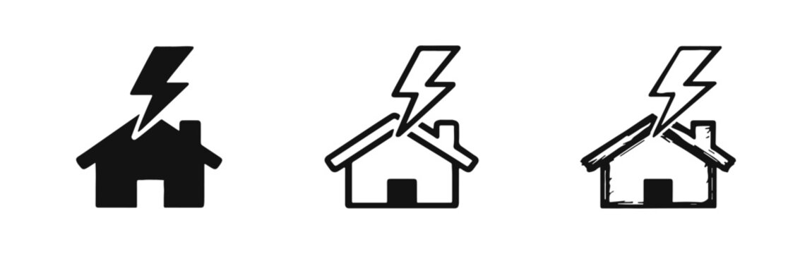 Lightning strike on house icon set. Hand-drawn doodle style symbol for home damage from thunderstorm or natural disaster.