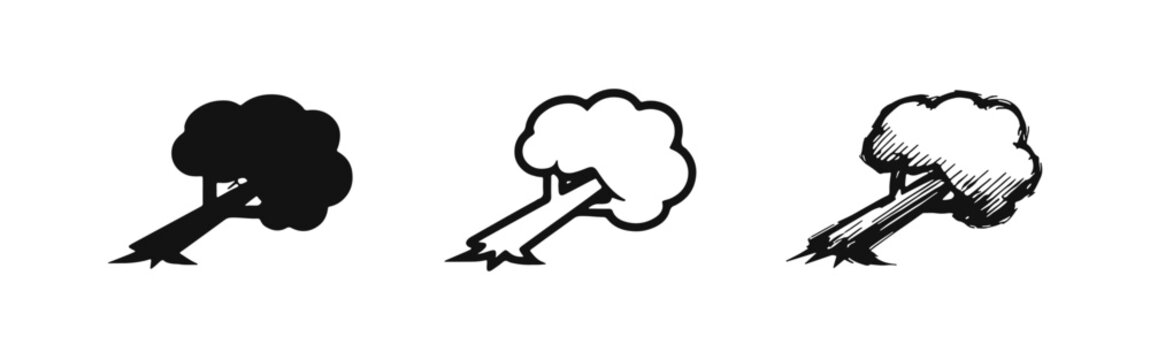 Fallen tree and storm damage icon set. Hand-drawn doodle style snapped tree trunk symbol for natural disaster.
