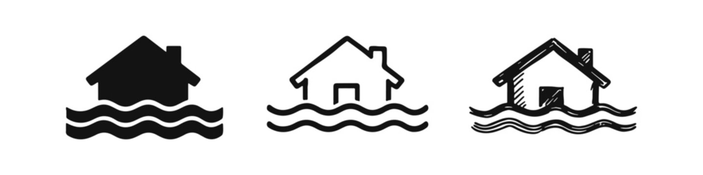 House flood and water damage icon set. Hand-drawn doodle style symbol for home property affected by natural disaster.