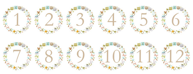 Naklejka premium Set of baby milestone card. 12 months. Newborn boy or girl. Watercolor baby month anniversary card. Capture all the special moments of little one’s in their first year. One year old child.