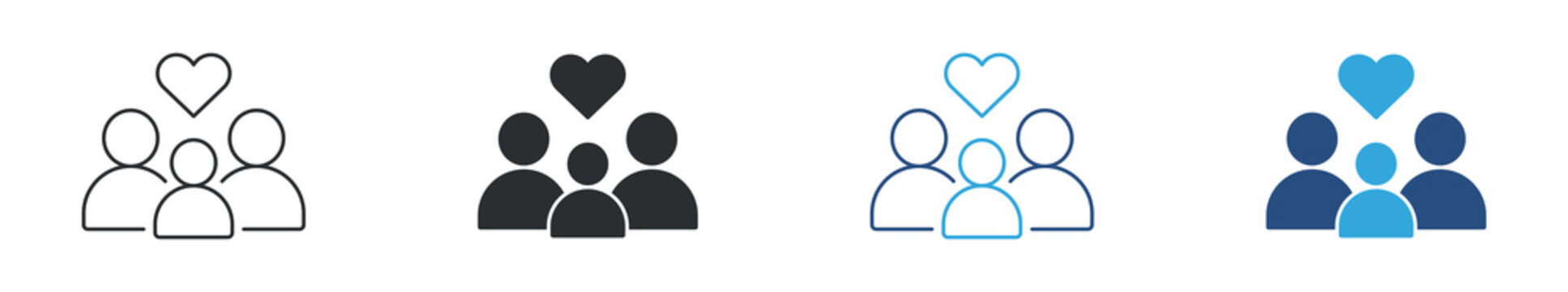 Family icon set. Group of people with heart symbol, family love, care, relationship and support concept. Vector illustration.