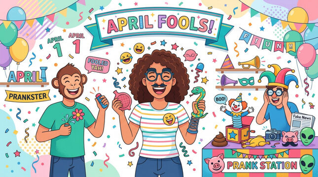 April fools' day celebration with pranksters and humorous decorations