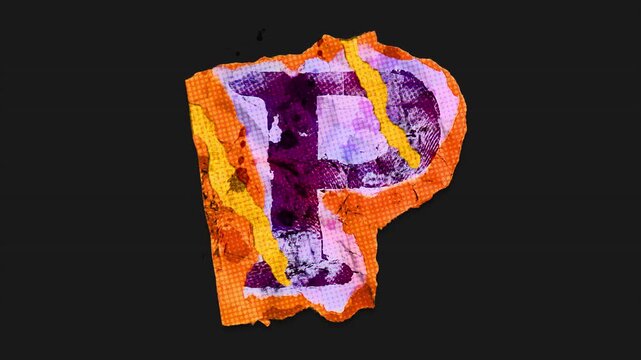 A drag and drop vibrant and brightly coloured typographic letter with alpha, in a torn creased up paper and card punk style that folds out in to place with worn aged effects and paper tears.
