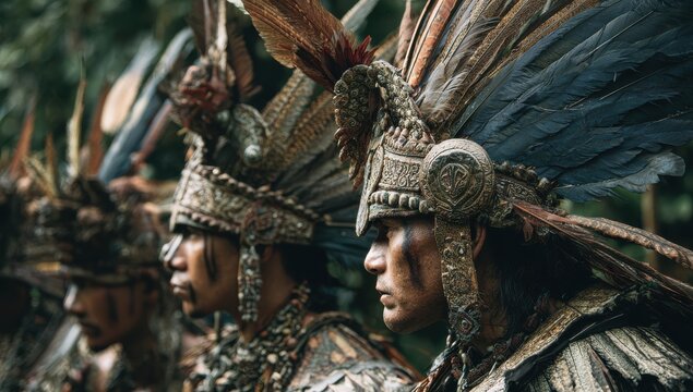 Aztec warrior dancers in traditional feathered headdresses