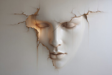 White face sculpture breaking with golden light