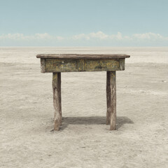 Weathered wooden table standing in an arid desert landscape