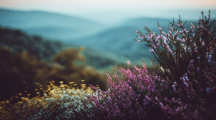 Naklejka premium Purple wildflowers foreground mountains background serene calming zen atmosphere with pastel tones misty haze soft bokeh low angle macro view in natural light creating dreamy tranquil nature landscape