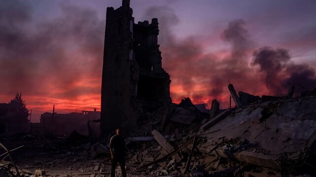 Smoke rises from shattered ruins under crimson sky. Two figures stand among rubble, silhouetted against the gloom. Distant tower leans, broken by war's relentless force