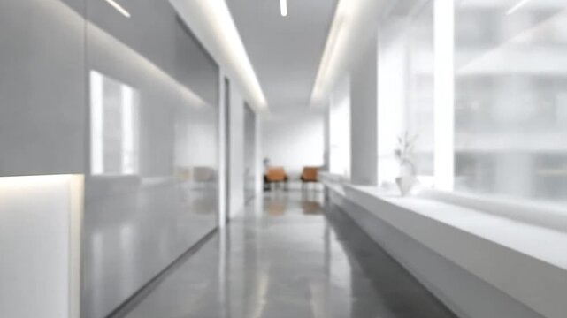 Blurred background of a modern white office hallway interior.