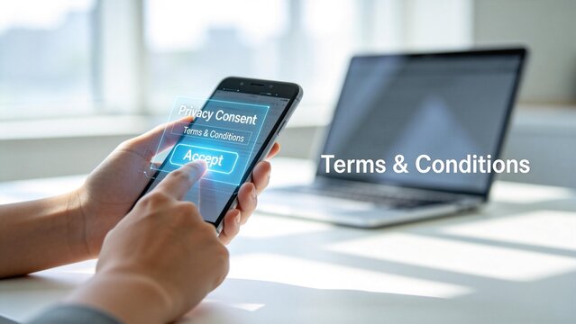 Person accepting privacy consent on smartphone screen with terms and conditions text,digital agreement and online compliance concept in modern workspace
