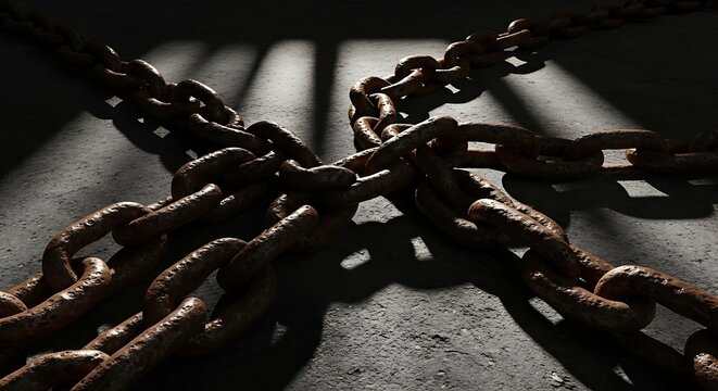 Intertwined rusty chains on a dark concrete floor, creating dramatic shadows, a powerful symbol of bondage, struggle, and the human desire for liberation and breaking free