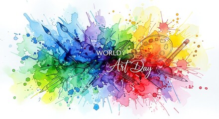 Obraz premium A vibrant illustration celebrating World Art Day with colorful paint splatters and artistic tools