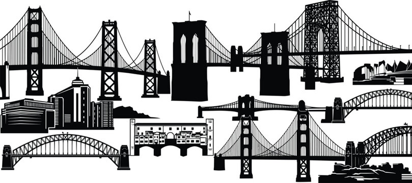 Famous world bridges silhouettes set featuring Golden Gate Brooklyn and Sydney Harbor bridge landmarks isolated on white background for travel and architectural design