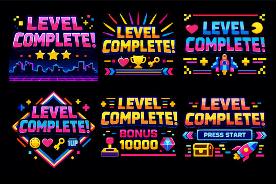 Retro gaming level complete screens with pixel art UI elements