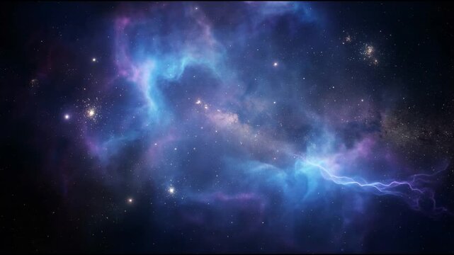 Cosmic nebula scene with flowing blue and purple gas clouds drifting across a dark star filled space in smooth seamless ethereal galactic motion