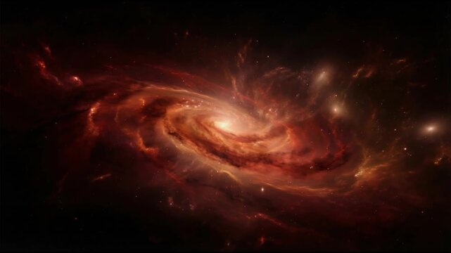 Spiral galaxy scene with flowing red and orange gas clouds drifting across deep space in smooth seamless cosmic motion