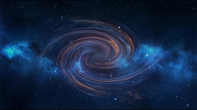 Spiral galaxy scene with flowing blue and orange gas clouds drifting across a deep star filled space in smooth seamless cosmic motion