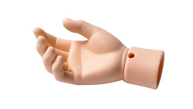 Isolated prosthetic hand with realistic skin tone and connection joint detail.
