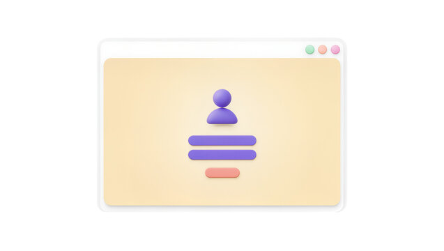 Isolated 3D render of minimalist user profile icon with input fields inside a browser window