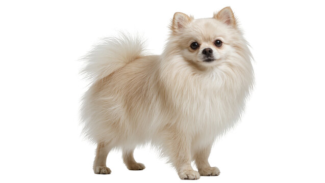Isolated fluffy cream Pomeranian dog standing and looking at the camera, cute small pet animal