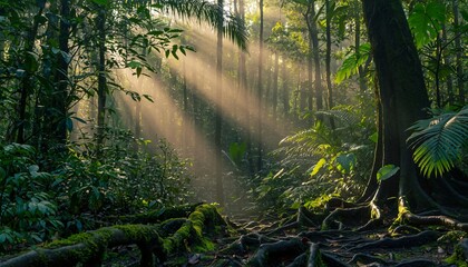 Obraz premium Golden sunbeams pierce through the vibrant green canopy of a serene tropical forest, illuminating the lush nature within