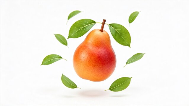 Fresh ripe red pear fruit with green leaves floating in air isolated on white background healthy organic food concept natural nutrition vegetarian diet summer harvest sweet snack