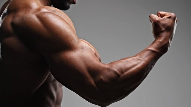 Close-up of a powerful muscular arm flexing, showcasing incredible strength, definition, and a lean physique. Ideal for fitness, bodybuilding, health, and wellness concepts, emphasizing human...