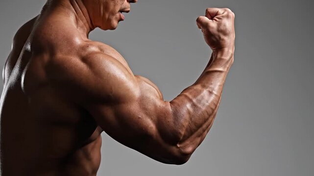 Powerful muscular man flexing bicep, demonstrating peak physical strength, muscle definition, and commitment to fitness. Represents bodybuilding, health, and athletic achievement through dedicated...